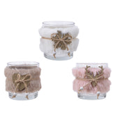 Decoris Glass Tealight Holder with Faux Fur 7cm - 3 Assorted,